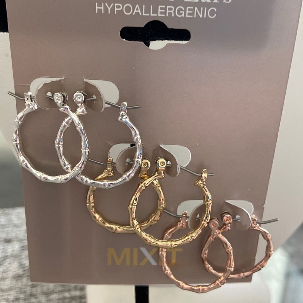 Hypoallergenic set of 3 Pairs of Hoop Earrings | Triple Tone Metal, One Size NWT
